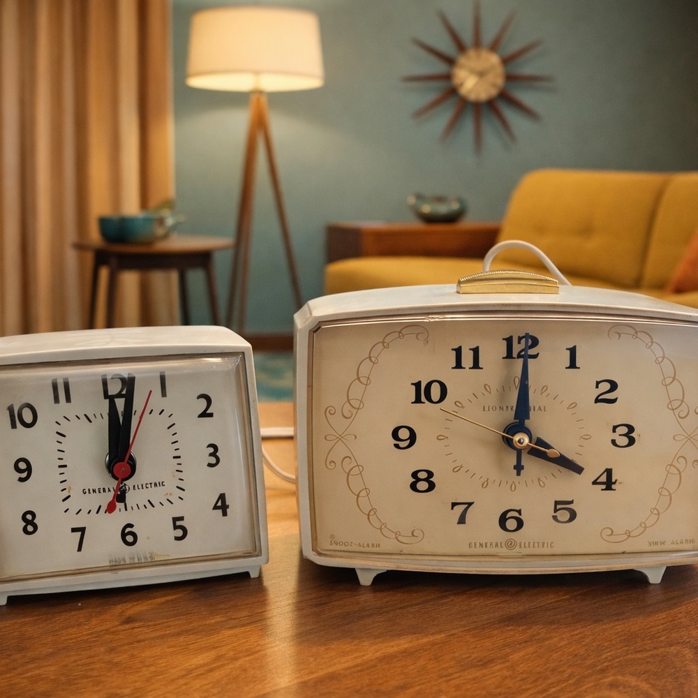 Pair of working vintage General Electric alarm clocks.
